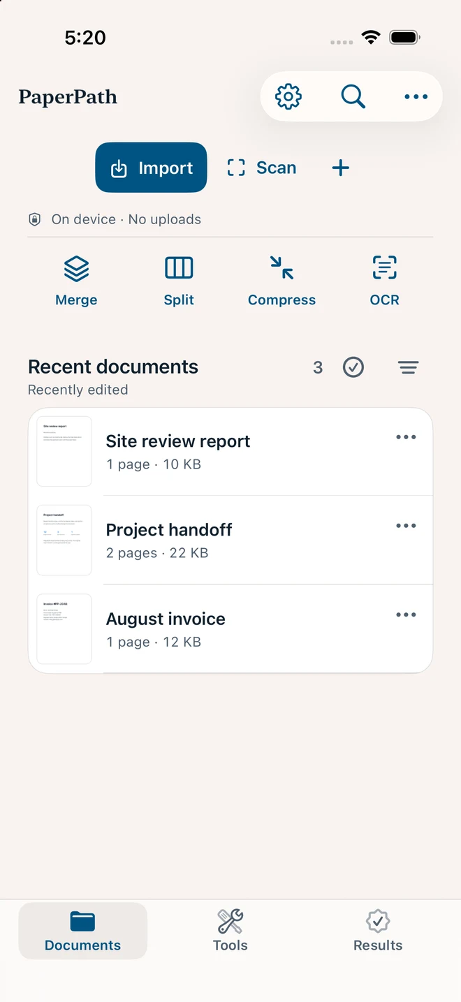 PaperPath 文档库真实界面,包含导入、扫描、合并、拆分、压缩和 OCR