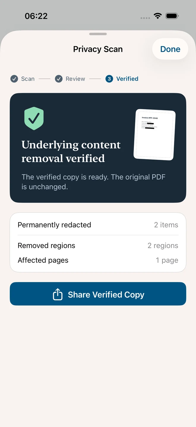 PaperPath 永久脱敏结果实际界面,显示移除检查与原件保持不变